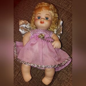 Adorable Porcelian Pink Angel Doll with Silver Wings
